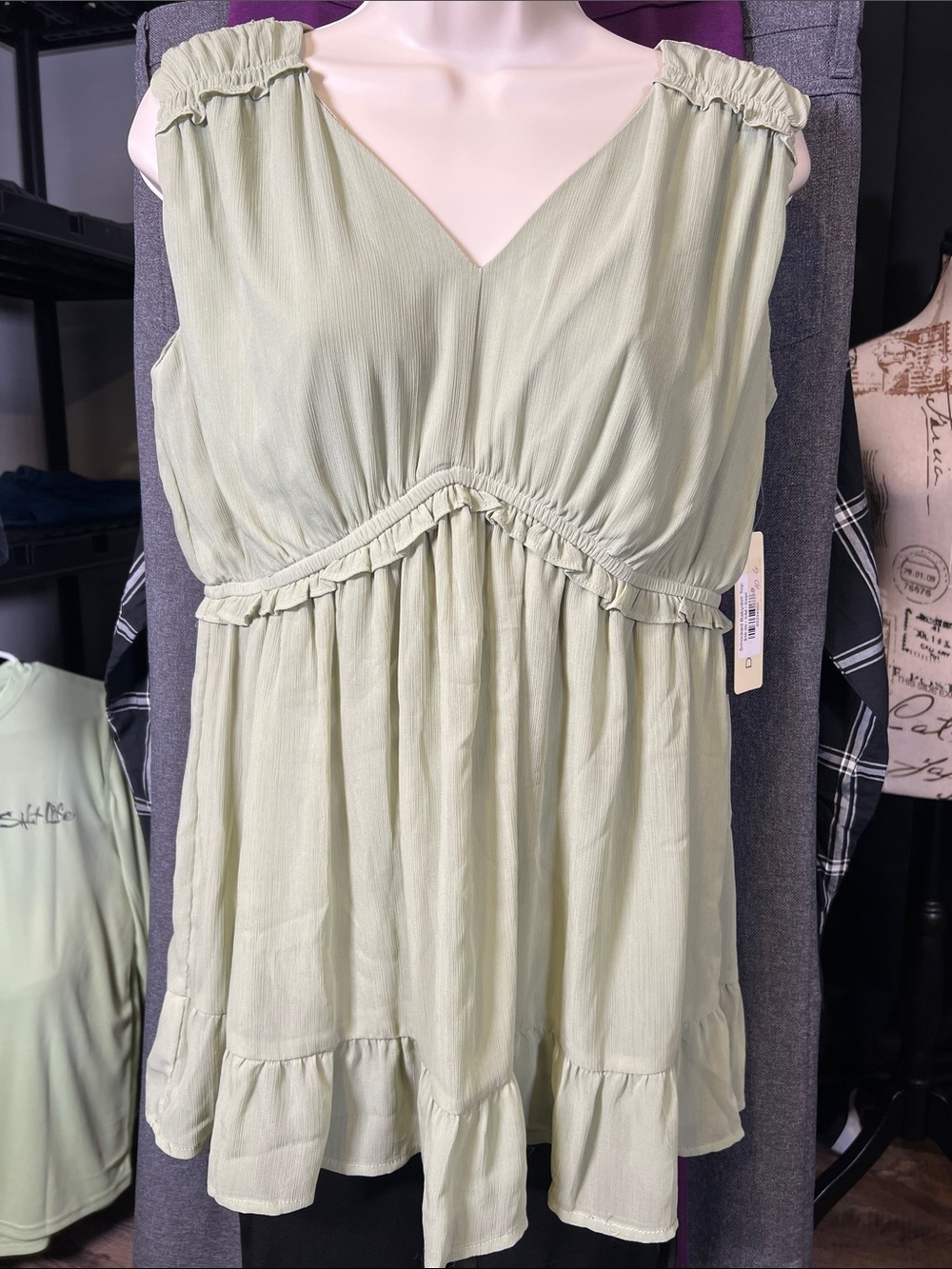 Doe & Rae Light Sage Green Ruffled Sleeveless Blouse